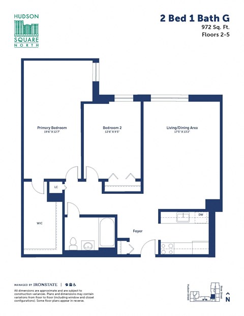 Floor plan for 2 beds, 1 bath, 972 sqft